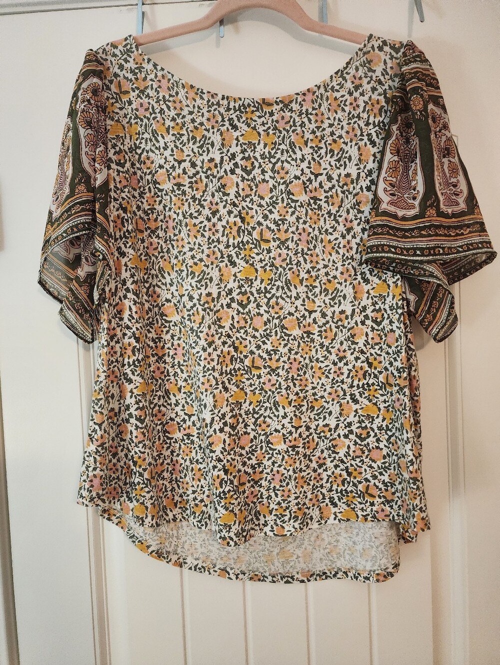 Lucky Brand Cream Olive Tan Yellow Floral Crewneck Top Cutout Back Boho XL